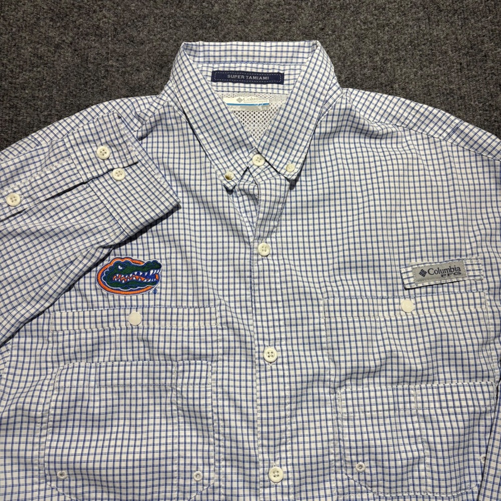 Columbia PFG Super Tamiami Florida Gators Fishing Shirt Blue White Mens Large